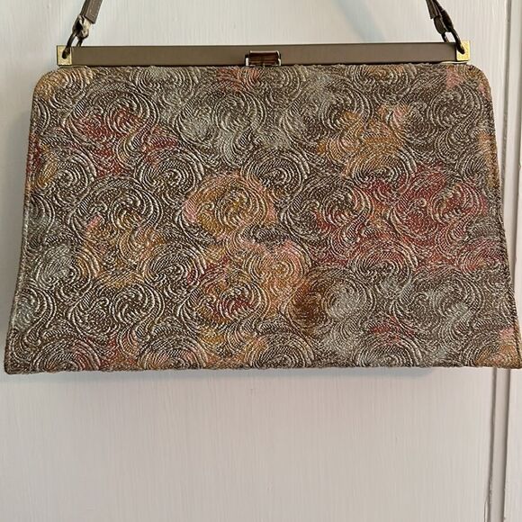 Vintage Johansen taupe, gold, pink & yellow swirl pattern arm bag - Picture 2 of 10